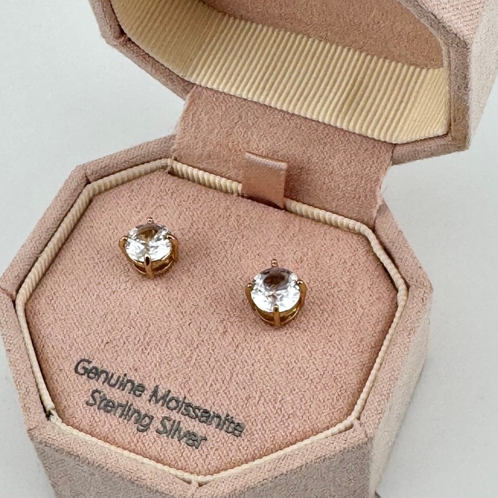 Genuine Moissanite Stud Earrings 925 Sterling Silver Gold Tone Round Cut Studs